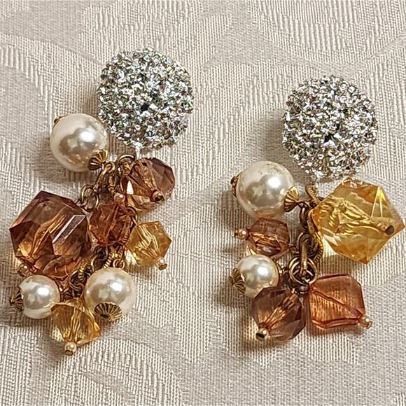 VINTAGE 70s STATEMENT CRYSTAL CLUSTER EARRINGS GOLD PEARL GLAM HOLLYWOOD - Picture 4 of 10